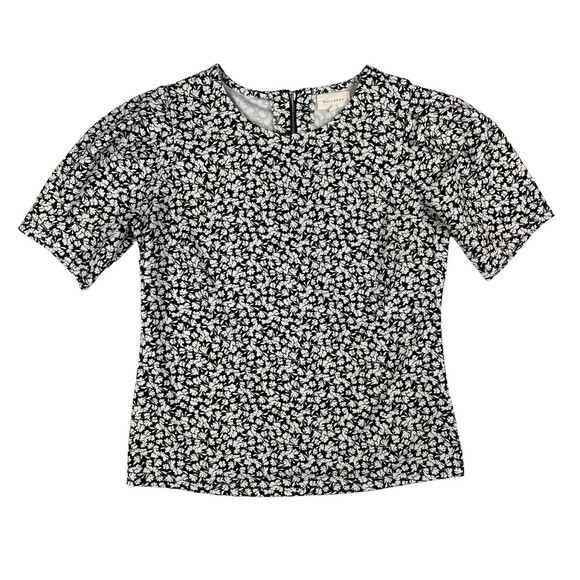 Melloday Top Women's Size S Black Floral Blouse w Pleated Short Sleeve - Picture 1 of 7